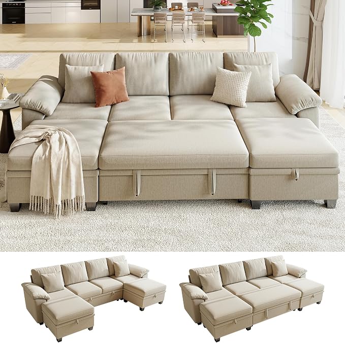 107.8" Modular Sectional Sleeper Sofa Bed, U Shaped 6 Seat Pull Out Couch with Storage Ottoman, Convertible Cloud Couch Bed, Sectional Couches for Living Room, Apartment (Sand)