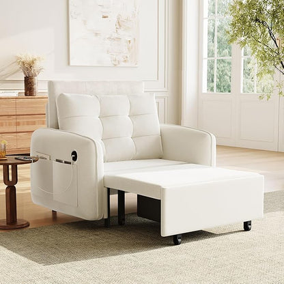 ERYE Modern Foldable Chair Sofa Convertible Pull Out Sleeper Sofabed,Single Seat Tufted Upholstered Sofa Convertible Chaise Lounge Bed with USB-Ports and Side Pockets