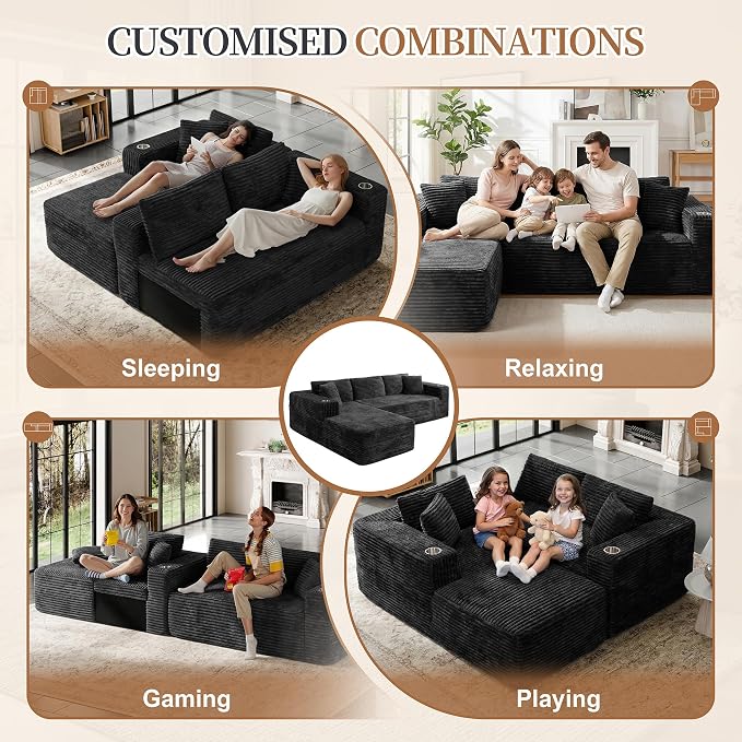 Vongrasig 103" Boneless Sectional Couches for Living Room, L-Shaped Chaise Modular Cloud Couch with Cup Holders on Armrests, Plush Corduroy Comfy Sofa with Memory Foam, No Assembly Required (Black)