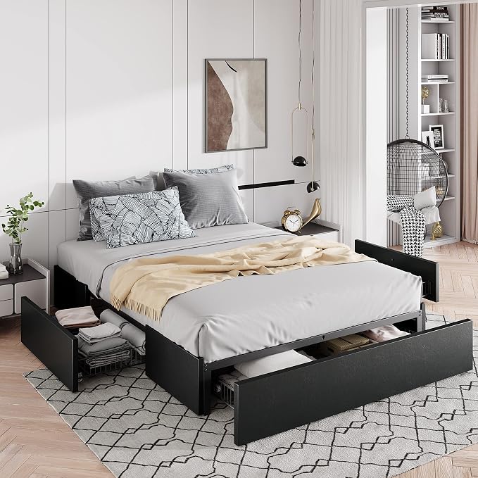 Allewie Queen Size Platform Bed Frame with 3 Storage Drawers, Fabric Upholstered, No Box Spring Needed, Metal Slats Support, Easy Assembly, Black