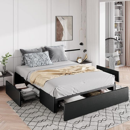 Allewie Queen Size Platform Bed Frame with 3 Storage Drawers, Fabric Upholstered, No Box Spring Needed, Metal Slats Support, Easy Assembly, Black