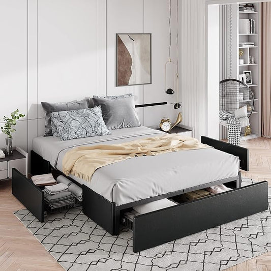 Allewie Queen Size Platform Bed Frame with 3 Storage Drawers, Fabric Upholstered, No Box Spring Needed, Metal Slats Support, Easy Assembly, Black