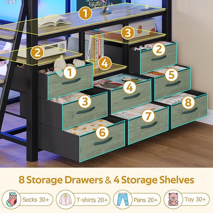 busyaeh Bunk Bed Twin Over Twin, 8 Drawer & 4 Shelve，15" H Safety Guardrail | Low Bunk Bed with LED Light,Metal L-Shaped Twin Bunk Bed with Charging Station,Floor Bunk Bed with Ladder,Bunk Bed,Oak Gray