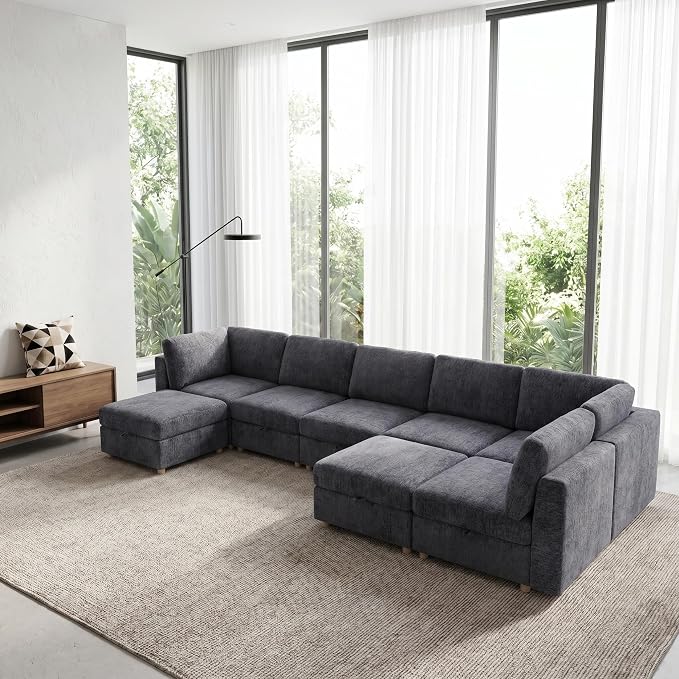 ERYE 132-Inch Oversized U Shaped Sectional Sofa 8 Seat Modular Storage Sofa Couch W/Deep Seat,Skin Friendly Plush Chenille Upholstered Corner Convertible Sectional W/Movable Ottoman