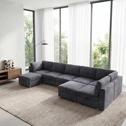 ERYE 132-Inch Oversized U Shaped Sectional Sofa 8 Seat Modular Storage Sofa Couch W/Deep Seat,Skin Friendly Plush Chenille Upholstered Corner Convertible Sectional W/Movable Ottoman