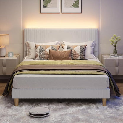 Bestier Queen Bed Frame with Headboard LED Lighting,Upholstered,Light Grey | LED Light Headboard,Easy Assembly,No Squeaks,Vertical Channel Corduroy Upholstered,Wood Slats Support,No Box Spring Needed