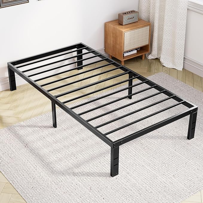 Sweetcrispy Twin Bed Frame - Heavy Duty Metal Platform Bed Frames Twin Size with Storage Space Under Frame, No Box Spring Needed, 14 Inches, Sturdy Steel Slat Support