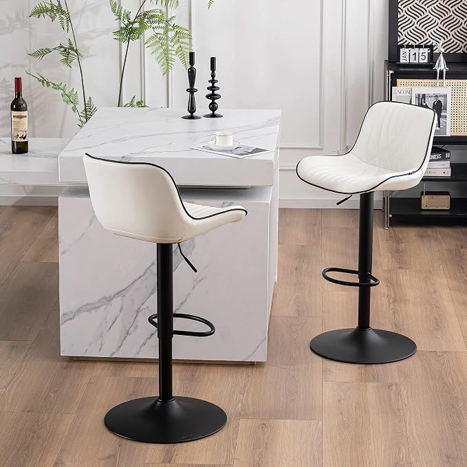 YOUTASTE Bar Stools Set of 2, Adjustable Swivel Counter Height Barstools with Back, White Faux Leather Upholstered Bar Chairs with Black Metal Base, Stools for Kitchen Island or Home Bar