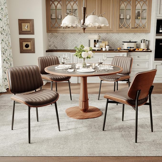 MALOL Leather Dining Chairs Set of 6, Modern Upholstered Dining Room Kitchen Chairs with Metal Legs and Wooden Back Support for Home Dining Room/Restaurant, Brown