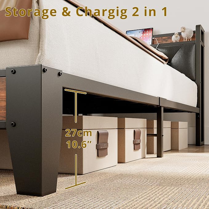 ANCTOR Twin XL Bed Frames, Storage Headboard with Outlets, Easy to Install, Sturdy and Stable, No Noise, No Box Springs Needed, Rustic Brown and Black