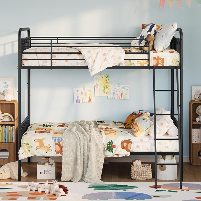 SHA CERLIN Convertible Twin Over Twin Bunk Bed,CPC Certified,Black | Victorian Iron-Art Headboard and Footboard,Space-Saving Metal Bunk Bed with Guardrail & Ladder,No Box Spring Needed