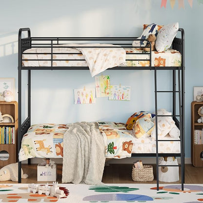SHA CERLIN Convertible Twin Over Twin Bunk Bed,CPC Certified,Black | Victorian Iron-Art Headboard and Footboard,Space-Saving Metal Bunk Bed with Guardrail & Ladder,No Box Spring Needed