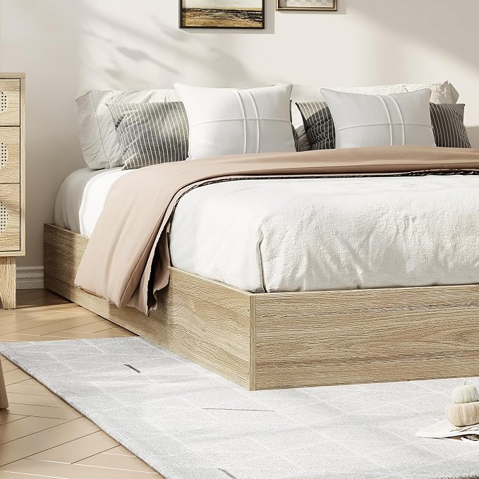 King Size Solid Wood Platform Bed, Modern Minimalist Floor-Standing Design with Robust Wooden Slats | Noise-Free, Space-Saving, No Box Spring Required | Easy Assembly for Luxurious Mast