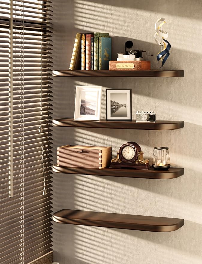 BATODA Set of 2 24” Acacia Floating Shelves for Wall (Round Edge) - Floating Bookshelf Wall - Storage Wood Shelves for House Decor, Kitchen, Bathroom - Brackets and Hardware Included (Walnut Color)