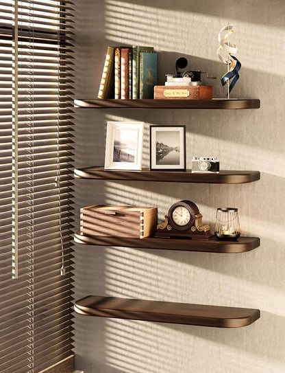 BATODA Set of 2 24” Acacia Floating Shelves for Wall (Round Edge) - Floating Bookshelf Wall - Storage Wood Shelves for House Decor, Kitchen, Bathroom - Brackets and Hardware Included (Walnut Color)