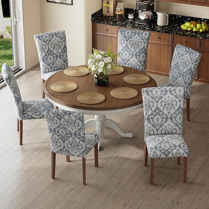 COLAMY Upholstered Parsons Dining Chairs Set of 6, Fabric Dining Room Kitchen Side Chair with Nailhead Trim and Wood Legs - Blue/White Flower