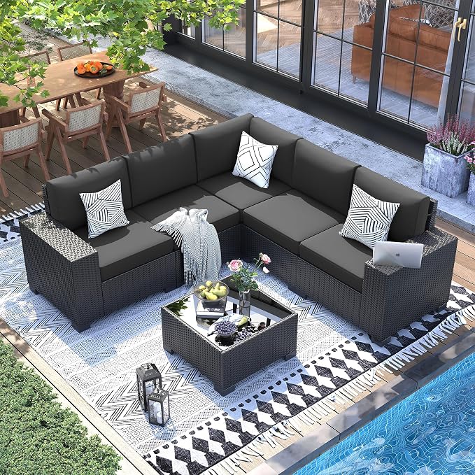 UDPATIO Patio Furniture Set, Outdoor Wicker Sectional Sofa with 8'' Wide Armrests, 6 Piece Modular Patio Conversation Set with Coffee Table for Backyard, Deck, Garden, Black