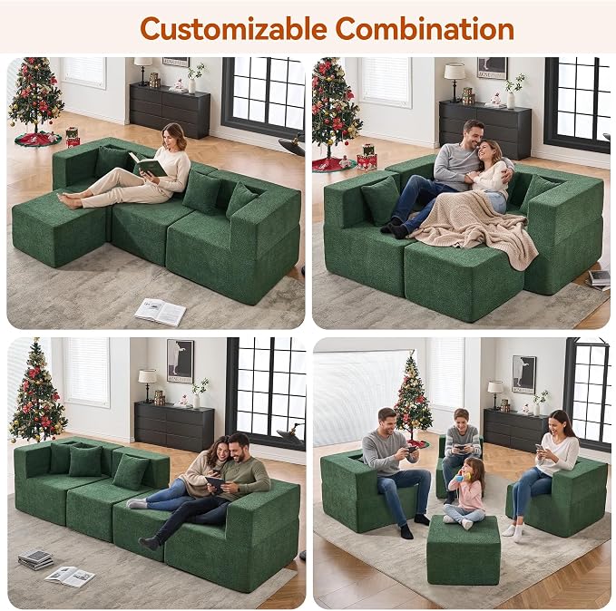 MONVANE 103'' Modular Sectional Sofa, Comfy Teddy Velvet Cloud Couch with Ottoman, Modern Convertible L Shaped Couch with Deep Seat, Sectional Couches for Living Room, Bedroom and Apartment, Green