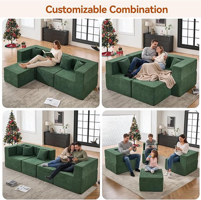 MONVANE 103'' Modular Sectional Sofa, Comfy Teddy Velvet Cloud Couch with Ottoman, Modern Convertible L Shaped Couch with Deep Seat, Sectional Couches for Living Room, Bedroom and Apartment, Green