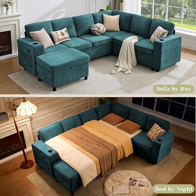 107 Inch Sectional Sleeper Sofa with Pull Out Bed, 7 Seat U Shaped Modular Sectional Sofa with Storage Ottoman, USB Port & 6 Pillows, Sectional Couches for Living Room & Apartment, Modular Couch,Green
