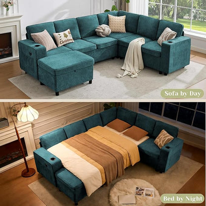 107 Inch Sectional Sleeper Sofa with Pull Out Bed, 7 Seat U Shaped Modular Sectional Sofa with Storage Ottoman, USB Port & 6 Pillows, Sectional Couches for Living Room & Apartment, Modular Couch,Green