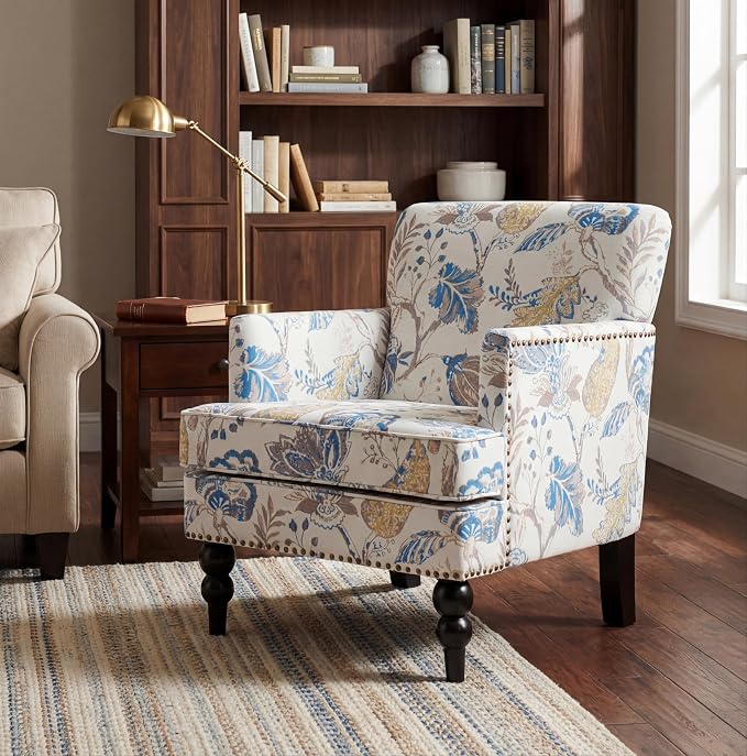 Christopher Knight Home Eve Modern Upholstered Club Chair, Wooden Living Room Accent Chair, Bedroom Comfy Reading Chair, Multifunctional Armchair, Beige+Blue