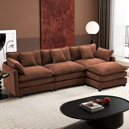 Ihanherry 111.4" L Shaped Modern Sofa Modular Sectional Luxurious and Comfortable with Ottoman, 4-Seat Chenille Deep Seat Sofa with Pillow for Living Room, Bedroom and Apartment, Brick Red