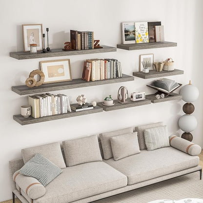 RICHFOCUS 16Inch Floating Shelves for Wall 2 Pack Shelves for Bedroom|Kitchen|Bathroom Wall Mounted Rustic Wood Floating Shelf with Invisible Brackets for Books|Storage|Decor, Grey