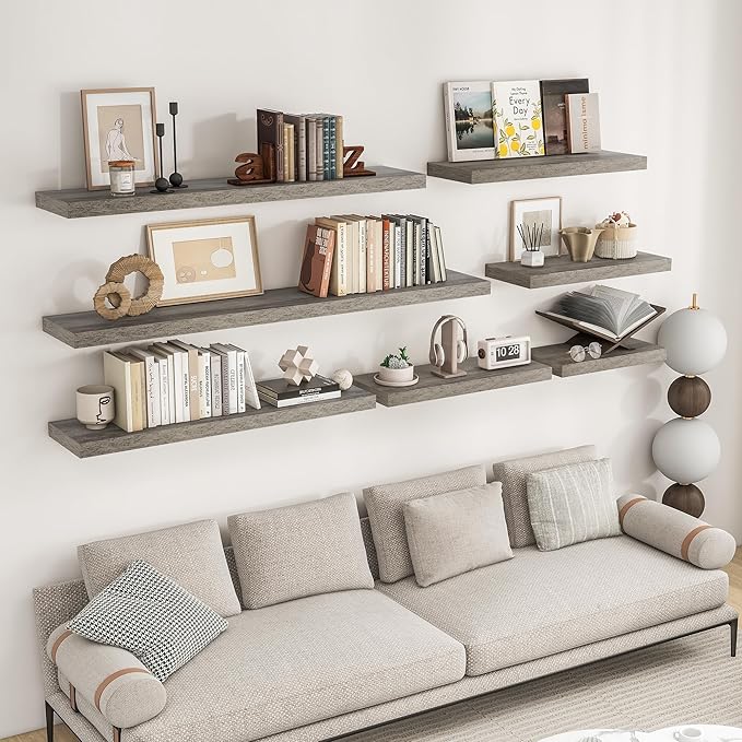 RICHFOCUS 48Inch Floating Shelves for Wall 2 Pack Shelves for Bedroom|Kitchen|Bathroom Wall Mounted Rustic Wood Floating Shelf with Invisible Brackets for Books|Storage|Decor, Grey
