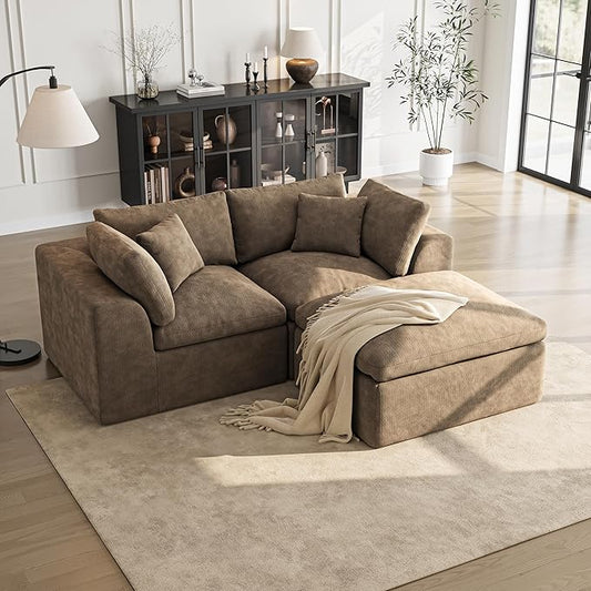 Loveseat Sofa with Ottoman | 72 Inch Modern Boneless Couch for Small Spaces | 2 Seater Small Sofa for Apartment Bedroom Living Room | Brown Love Seat
