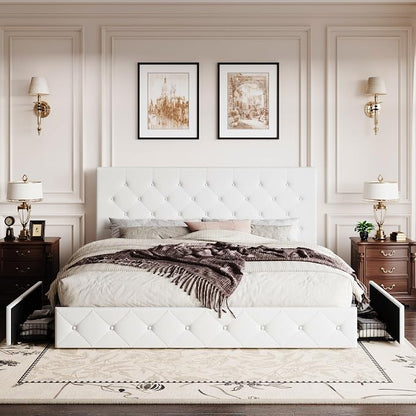 SHA CERLIN King Size Platform Bed Frame with 4 Oversized Storage Drawers, Adjustable Headboard with Velvet Upholstery, Diamond Button Tufted Design, Wooden Slat Support, No Box Spring Needed, White