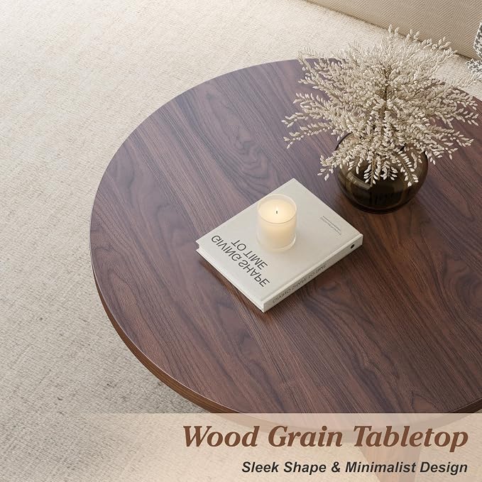 Luoxiao Round Coffee Table, 31.5" Mid Century Modern Center Tables, Walnut | Triangle Base with Anti Slip Feet for Stability, Circle Accent Table for Living Room, Apartments, Space-saving, Easy Assembly