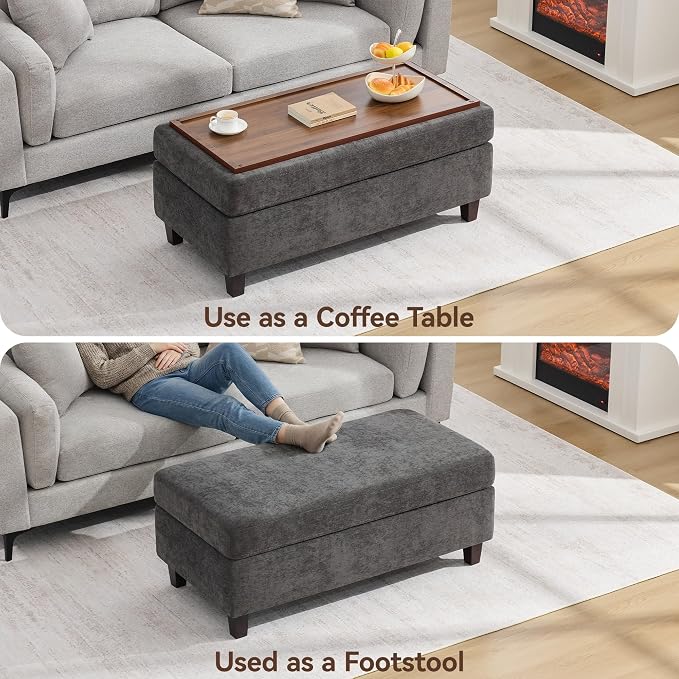 45 Inch Large Storage Ottoman Bench with Wooden Tray Coffee Table, Dark Grey Chenille Upholstered Foot Rest, Multifunctional Foot Stool Ottoman for Living Room, Bedroom & Entryway, Solid Wood Legs