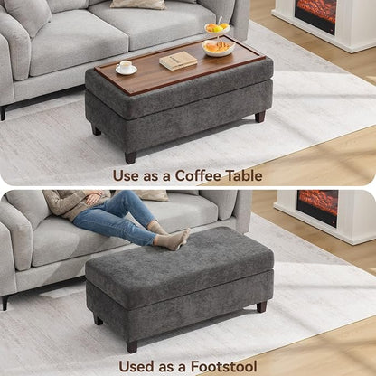45 Inch Large Storage Ottoman Bench with Wooden Tray Coffee Table, Dark Grey Chenille Upholstered Foot Rest, Multifunctional Foot Stool Ottoman for Living Room, Bedroom & Entryway, Solid Wood Legs