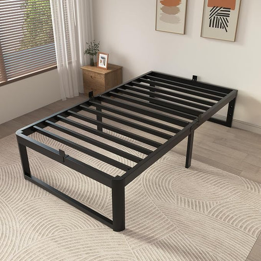 ZTH Twin Size Metal Platform Bed Frame 14 in, No Box Spring Needed, Black | Heavy duty support, Underbed storage, Noise-free design, Anti-slip clips, Rounded legs, Easy assembly, Headboard compatible