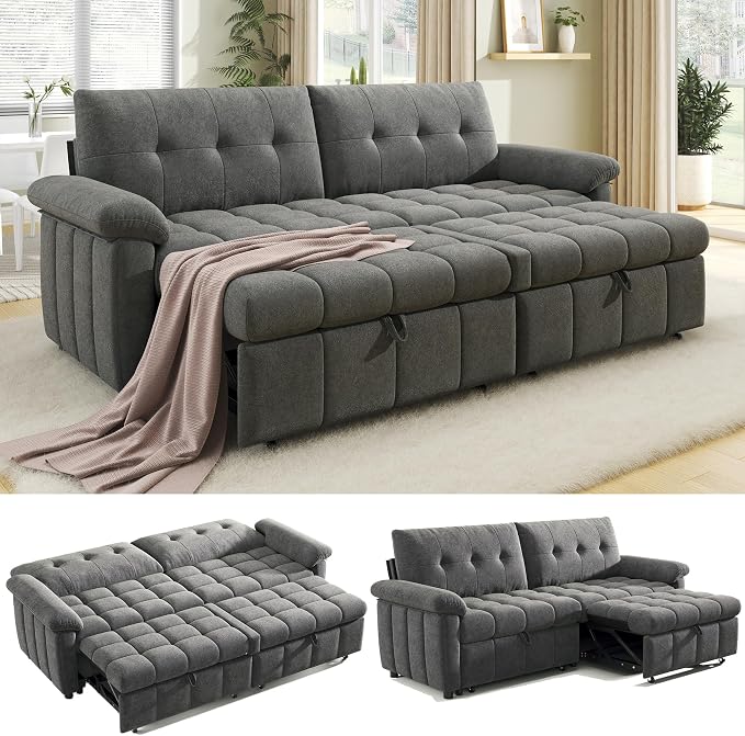 Jocisland 93” 4-in-1 Convertible Sofa Bed, Full Size Cloud Sleeper Sofa, Tufted Chenille, 5-Position Adjustable Backrest, 10-Minute Tool-Free Assembly, Couches for Living Room Guest Room, Gray