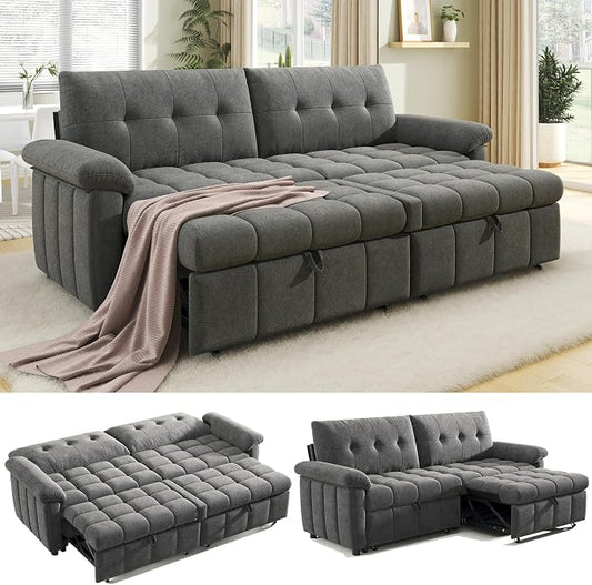 Jocisland 93” 4-in-1 Convertible Sofa Bed, Full Size Cloud Sleeper Sofa, Tufted Chenille, 5-Position Adjustable Backrest, 10-Minute Tool-Free Assembly, Couches for Living Room Guest Room, Gray