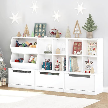 UTEX Slanted Kids Toy Storage Organizer, Children Storage Cubby with Drawer | Kids Bookshelf and Bookcase, Full-Width Smooth Drawer, Perfect Height for Kids, Toy Room, Playroom, Nursery, Wood, White