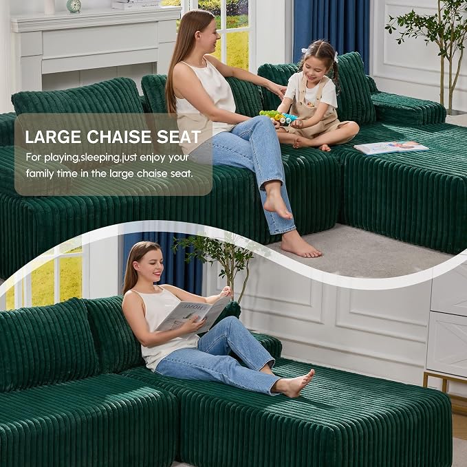 Hobestluk Boneless Couch Modular Sectional Sofa L-Shape Oversized Chaise | 108" Right Facing Chaise Green,Memory Foam,Removable Cover,Non-slip Bottom,No Assemble Required,Living Room Furniture
