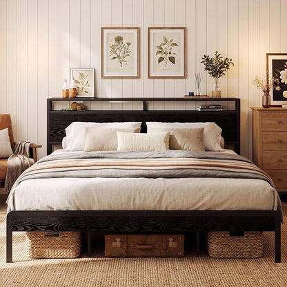 LIKIMIO California King Bed Frame with Headboard, Dark Wood Camas California King with Strong Supports, Sturdy, Noise-Free, No Box Spring Needed, Black