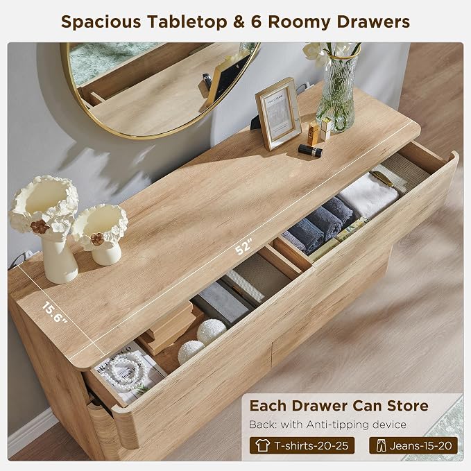 JXQTLINGMU 6 Drawer Dresser for Bedroom, 52" Wide Modern Wood Dressers with Push-to-Open Drawers for Closet Storage, Chest of Drawers TV Stand for Living Room & Hallway, Curved Profile, Natural Oak