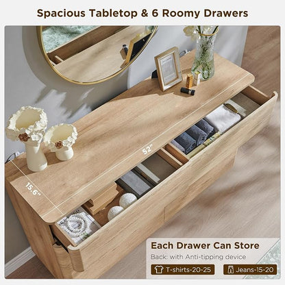 JXQTLINGMU 6 Drawer Dresser for Bedroom, 52" Wide Modern Wood Dressers with Push-to-Open Drawers for Closet Storage, Chest of Drawers TV Stand for Living Room & Hallway, Curved Profile, Natural Oak