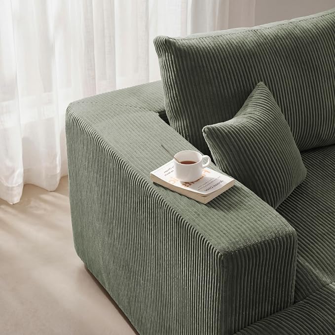 Modular Sectional Sofa Bed with Chaise, 115" Memory Foam Cloud Couch, Boneless Corduroy Upholstered Floor Couch, No Assembly Required Living Room Furniture for Apartment Home, Green