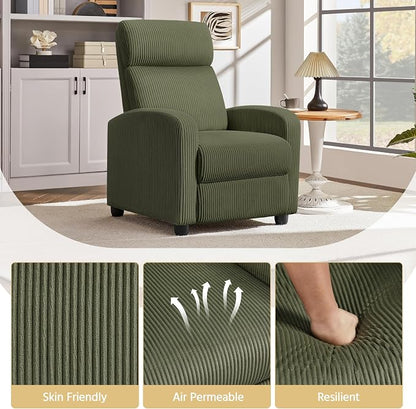 Topeakmart Corduroy Recliner Sofa Mid-Century Recliner Chair Single Reclining Chair Upholstered Sofa for Living Room Bedroom Home Theater Dark Green