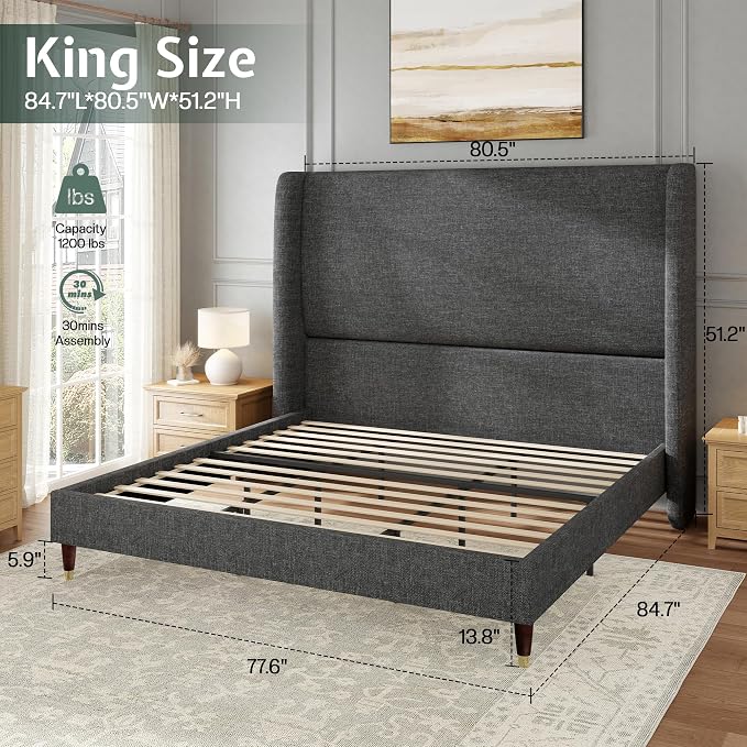 Jocisland King Size Bed Frame 51.2" Wingback Headboard Linen Upholstered Platform Bed,Solid Wood Legs & Wooden Slats,No Box Spring Needed,Noise-Free,for Family Master Suite Cozy Home,Dark Grey