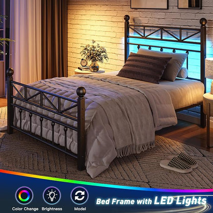 EnHomee 14.2" Metal Twin Bed Frames with Tall Headboard & Footboard, LED Light Twin Bed Frame, Strong Slats Support and Noise-Free Design with Under Bed Storage/No Box Spring Needed/Black