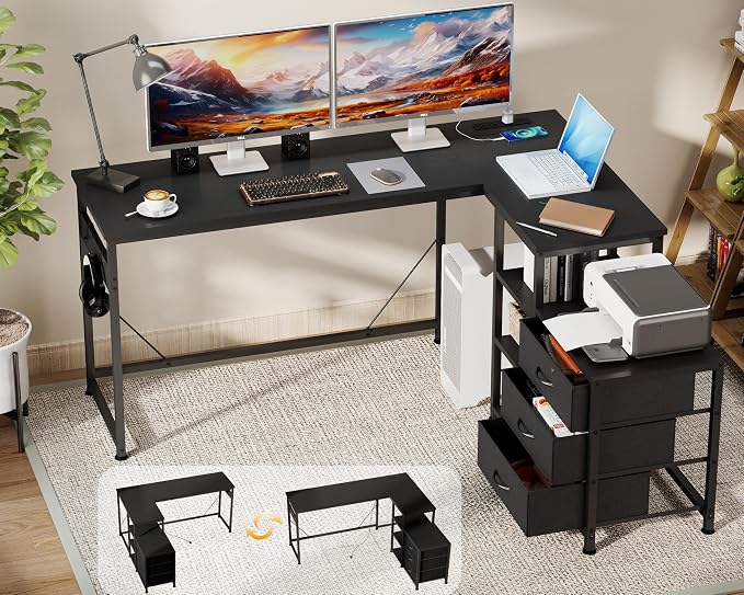 YOSHOOT 55" L Shaped Computer Desk with 3 Fabric Drawers, Gaming Desk | Office Desk with Power Outlets & Open Shelves, Corner Desk L Shape for Home Office Work Study, Black