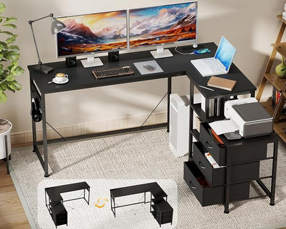 YOSHOOT 55" L Shaped Computer Desk with 3 Fabric Drawers, Gaming Desk | Office Desk with Power Outlets & Open Shelves, Corner Desk L Shape for Home Office Work Study, Black