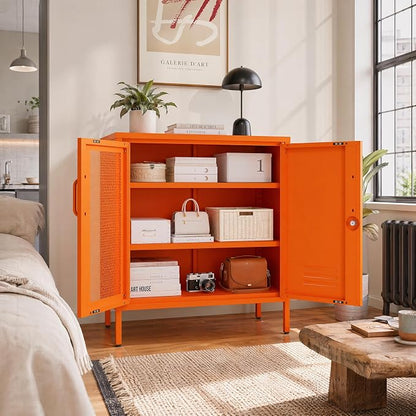 Lockable Metal Storage Cabinet Locker, Multifunctional Versatile Storage Lockers with Adjustable Shelves and Mesh Door, Durable Metal Sideboard Furniture for Restaurant Home Office Orange