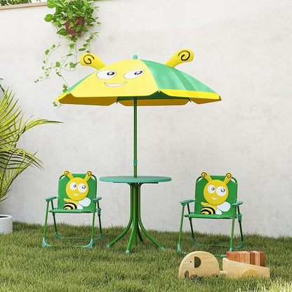 Qaba Kids Picnic Table and Chair Set, Outdoor Activity Table with Foldable Chairs, Removable Umbrella, Bee Pattern Toddler Patio Furniture for Backyard, Garden, Green